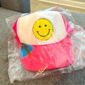 NIB Judith March Trucker Hat Neon Pink and White Smiley Face!